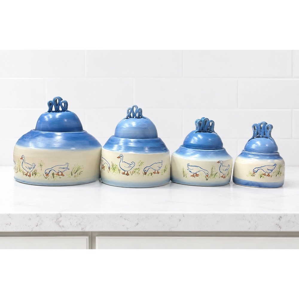 Set of Four Country Cottage‎ Farmhouse Ceramic Kitchen Canisters Geese or Ducks